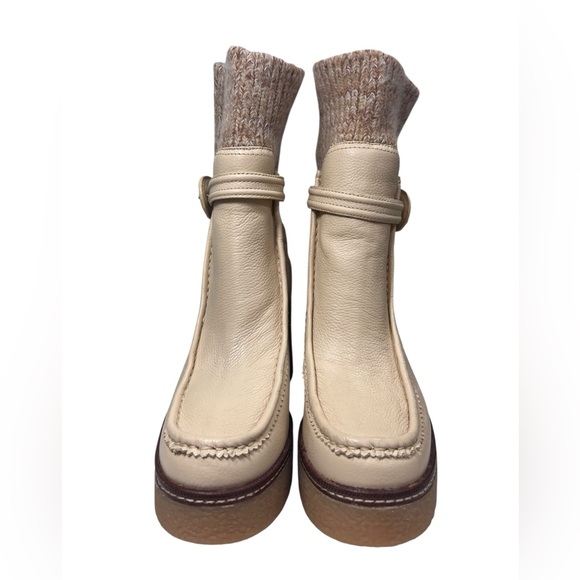 Sam Edelman Cream Leather Knit Cuff Heeled Boots, Austrian Wool - Picture 4 of 13